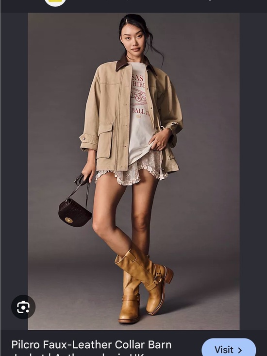 Pilcro Jackets & Blazers - Pilcro Beige Utility Barn Jacket with Brown Faux-Leather Collar